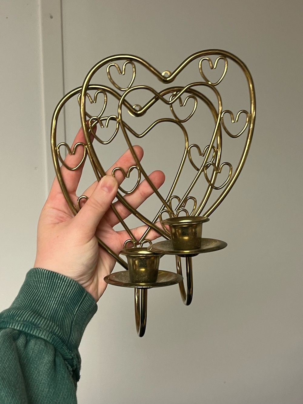 Heart-Shaped Double Candle Holder - Gold Metal Wall Sconces, 90s.